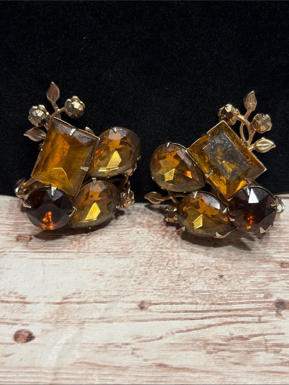 Antique Judy Lee Gold-Tone Amber Crystal Cluster Earrings